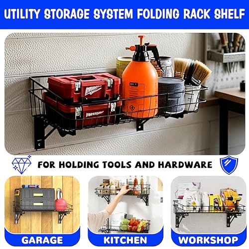 ULIBERMAGNET Large Folding Garage Shelf,Heavy Duty Wire Basket Storage Shelving,400LB Wall Mounted Storage DIY Folding Utility Racks for Garage, Office, Basement, Closet, Kitchen, Laundry - size: 400LB Folding Storage Baskets