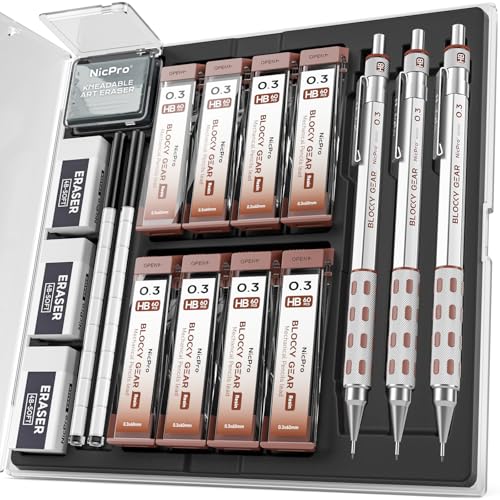 Nicpro 3 Pack Blocky Gear 0.3 mm Metal Mechanical Pencils Set with Case - style: 0.3mm