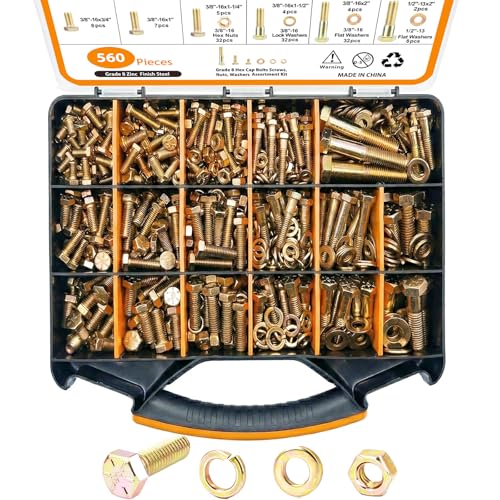 560PCS Grade 8 Nuts and Bolts Assortment Kit with Handy Box, 1/4-20, 5/16-18, 3/8-16, 1/2-13 High Quality SAE Bolt Assortment Kit, Heady Duty Grade 8 Alloy Steel with Yellow Zinc Plated - size: 560pcs 1/4-20 5/16-18 3/8-16 1/2-13