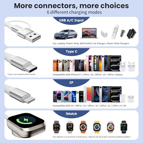 3 in 2 Multi Charging Cable/Cord with IP/USB C Charger Cable/iWatch Charger - color: Pearl White, size: 2Pack5FT