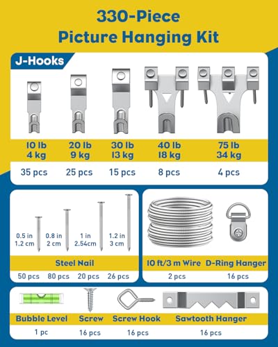 Uniclife 330 Pcs Heavy Duty Picture Hanging Kit, 10 lb, 20 lb, 30 lb, 40 lb, 75 lb Picture Hanging Hooks with Nails, D Ring Picture Hangers Sawtooth Picture Hangers Picture Hanging Wires & Screw Hooks - style: Silver