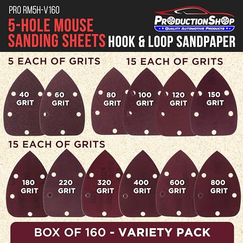 ProductionShop Premium 5-Hole Pattern Mouse Detail Sander Sandpaper Sheets, 160 Disc Variety Pack, Grits 40, 60, 80, 100, 120, 150, 180, 220, 320, 400, 600, 800 - Hook & Loop - Woodworking Furniture - style: Variety Pack 160