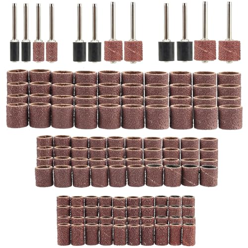 Yakamoz 132Pcs Aluminum Oxide Sanding Drums Kit, 80/120/180 Grit Sanding Sleeves with 3mm Shank Drum Mandrels, 1/4'' 3/8'' 1/2'' Drum Sander Bits Tool Accessories for Dremel Rotary Tools