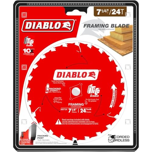 Diablo Framing Saw Blade for Wood - 7-1/4" x 24-Tooth, Thin Kerf, Anti-Vibration, Long Life for Framing & Pressure-Treated Wood, Tracking Point Tooth Design - Pack of 10 - D0724A - size: 5/8" Arbor x 7-1/4" Dia (10 Pack)