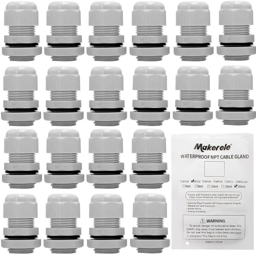 MAKERELE 1/2 NPT Nylon Cable Gland Strain Relief Connector Waterproof IP68 - color: Grey, size: 1/2" 20pcs BAG
