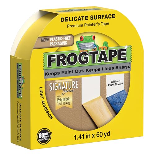 FrogTape Delicate Surface Painters Tape with PAINTBLOCK, 1.5 in Wide (1.41 in x 60 yd), Low Adhesion, Painting Tape Ideal for Freshly Painted Walls, Trim & Surfaces, Yellow, 1 Roll (280221) - size: 1 Roll, 1.41” Width