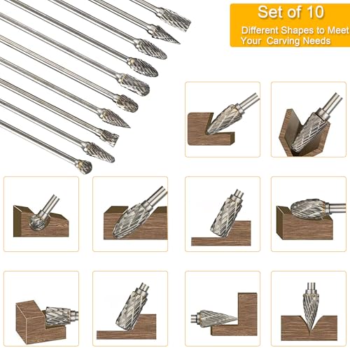 10PCS Long Carbide Burrs Set with 1/8" Shank Total L 4" Rotary Tool Accessories for Dremel, Double Cut Tungsten Carbide Rotary Files for Metal Wood Aluminum Engraving Drilling - size: 3x6mm