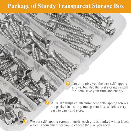 115 Pieces #10 x 1/2" 3/4" 1" 1-1/4" 1-1/2" Wood Screws Set, Phillips Countersunk Head #10 Self-Tapping Screws Assortment Kit, 304 Stainless Steel - size: #10, style: Phillips Countersunk Head
