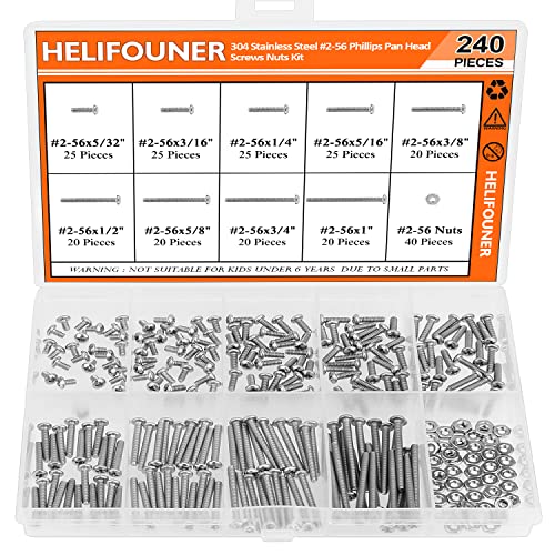HELIFOUNER 240 Pieces #2-56 Phillips Pan Head Machine Screws Nuts Assortment Kit, Coarse Thread, Fully Machine Threaded, 304 Stainless Steel - size: #2-56, style: Phillips Pan Head