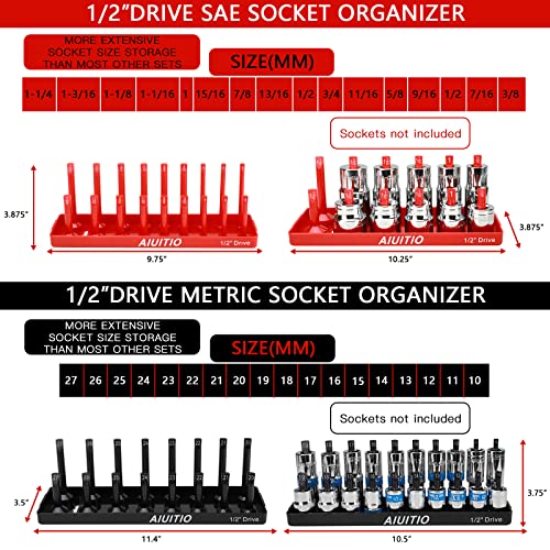 AIUITIO 8 Piece Metric & SAE Socket Organizer Tray Set, 1/4-Inch, 3/8-Inch & 1/2-Inch Drive Standard & Deep Socket Holders for Toolboxes, Store 176 Sockets - size: 176 Socket Capacity