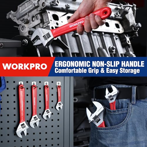 WORKPRO 4-Piece Red Wide Jaw Adjustable Wrench Set, 6"-12", Chrome Plated - color: Red