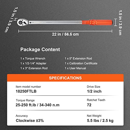 VEVOR 1/2-inch Drive Click Torque Wrench 25-250ft.lb/34-340n.m, Dual-Direction Adjustable Torque Wrench Set with Mechanical Dual Range Scales and Adapters Extension Rod - size: 1/2" 4 PCS