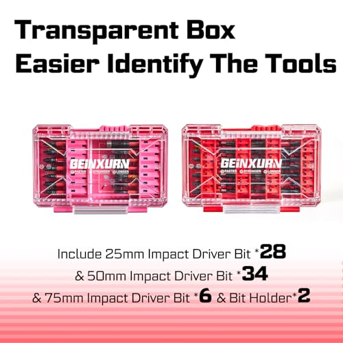 Geinxurn 70Pieces Impact Screwdriver Bits Set, Magnetic S2 Steel 1”/2”3”Phillips/Square/Torx/Slotted/Hex/Pozi Bits Tips and Impact Bit Holder with Red Storage Box Case - style: STKB070