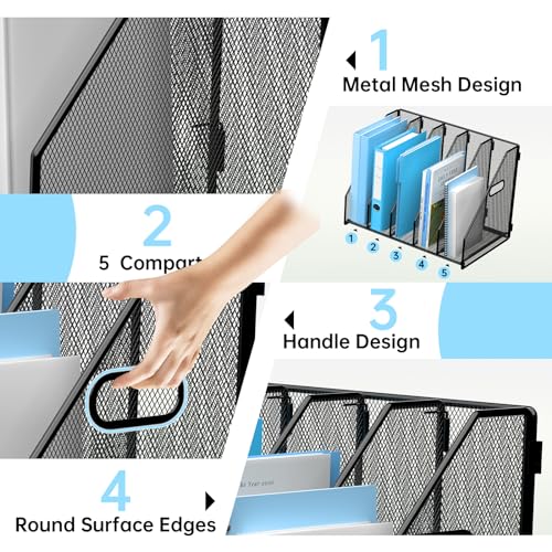 MINDEPOT Desk File Organizer Folder Holder with 5 Vertical for Office Black - color: Black