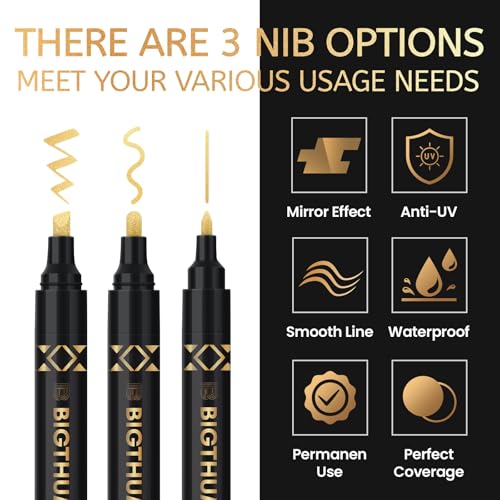 BIGTHUMB 3Pcs Liquid Chrome Paint Markers, Gloss Mirror Marker, Oil-based Permanent Chrome Maker, Reflective Metallic Pen Markers for Repairing, Model Painting DIY Art Projects, Gold - style: 3PCS Gold