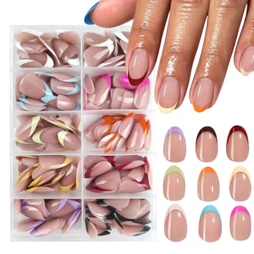 240Pcs French Tips Press on Nails Short Almond Fake Nails 9 Color Full Cover Acrylic False Nails with Designs Colorful Glue on Nail Glossy Reusable Artificial Nail Press ons for Women Manicure Art - color: Style-21
