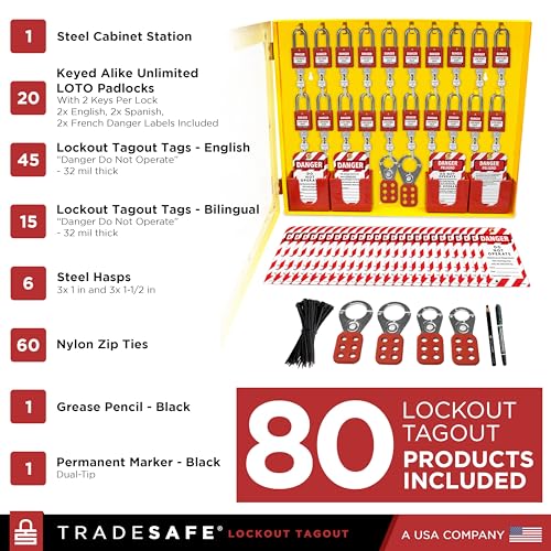 TRADESAFE Lockout Tagout Station with 20 Loto Locks Keyed Alike Unlimited, 6 Lockout Hasps, 60 Lock Out Tags, Lock Out Tag Out Kit Station, Lock Out Kit Cabinet 22-1/2 x 18 x 3 inches - style: Stocked | Keyed Alike Unlimited