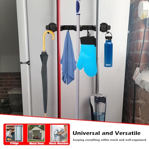 MUTUACTOR Heavy Duty Magnetic Broom Holder, 1PCS Mounting Broom and Mop Hanger, Anti-slip Black Magnetic Tool Holder 3 Slots and 4 Hooks for Fridge, Metal Door, Garage, Work Station - style: Heavy Duty,Black,3 Hooks 4 Slots