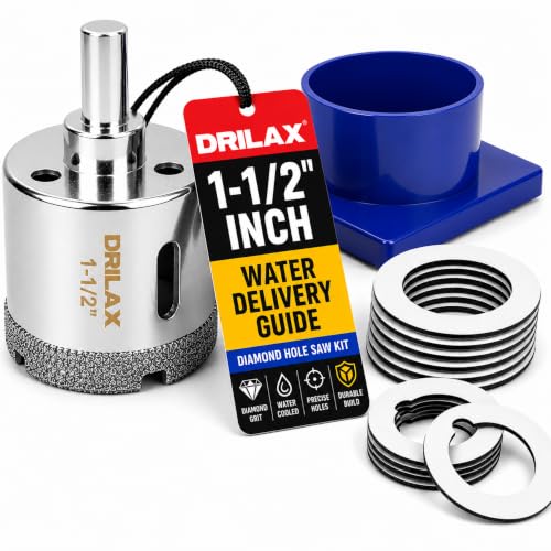 Drilax 1-1/2 Inch Diamond Hole Saw with Water Delivery System Guide Easy Drilling for Quartz, Granite, Marble, Porcelain, Ceramic, Glass Tiles - Complete Kit for Precise DIY Holes 1.5 inch - size: 1-1/2 inch