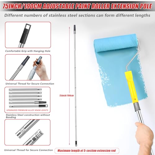 Paint Roller Set 11Pack, 1.9m Paint Roller Extension Pole 4 with Paint Brush, Professional Paint Rollers and Trays Sets with Scraper and Stirrer for Painting Walls (Paint Roller Set-11Pack) - color: Paint Roller Set-11pack