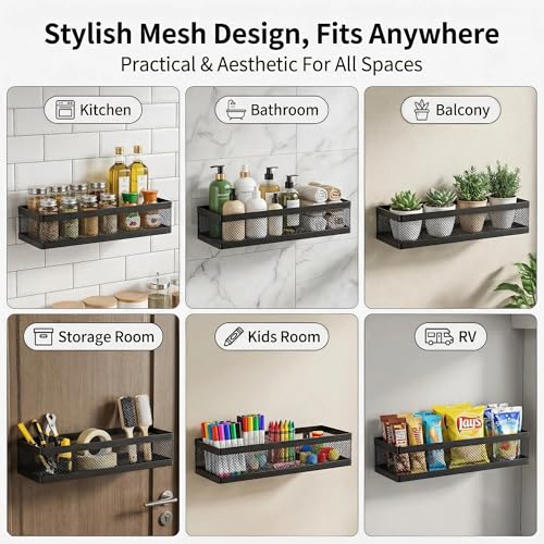 PUSDON 5-in-1 16.5" Extra Long Slim Wall Mount Wrapped Mesh Kitchen Organizer & Shower Caddy Kit, with Paper Towel Holder, Utensil Holder, Soap Dish, Holds 50LBS - Matte Black, Netting - color: Matte Black, size: 5-in-1 Full Mesh (16.5" Extra Long)