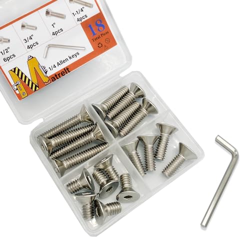 18pcs 1/4-20 4 Sizes Countersunk Head Screws, Flat Socket Head Cap Screws Assortment Kit with Allen Keys, 304 Stainless Steel Socket Cap Bolts Flat Countersunk Head Machine Screws - size: 304-4Size-1/4-18P