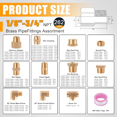 262PCS Brass Pipe Fittings Kit,1/8" 1/4" 3/8" 1/2" 3/4" NPT