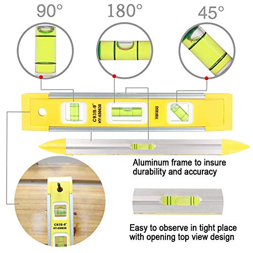 DOWELL 9 Inch Magnetic Spirit Level, Leveler Tool, 1-Pack, Yellow - color: 1pcs-yellow