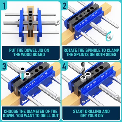 Upgraded 6.7 inch Self Centering Doweling Jig Kit, Drill Jig For Straight Holes Biscuit Joiner Set With 6 Drill Guide Bushings, Adjustable Width Drilling Guide Tool Accessory Jigs (Blue) - size: Large