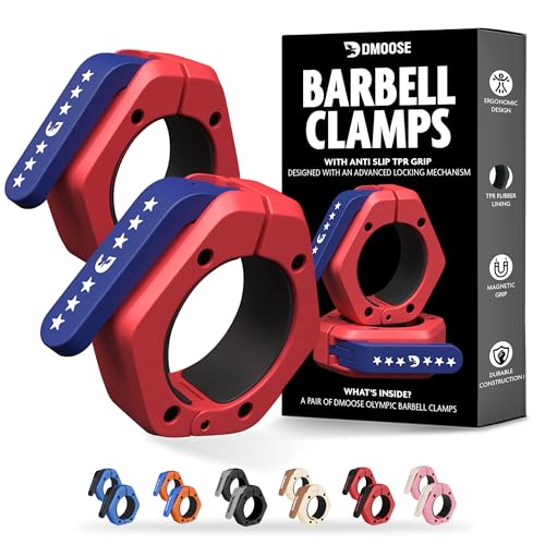 DMoose Fitness Barbell Clips 2 Inch (Pair) - Quick Release Olympic Barbell Clamps & Collars with Anti Slip TPR Grip for Secure Weightlifting and Powerlifting - Weight Clips for Bars at Home or Gym - color: American, style: Magnetic