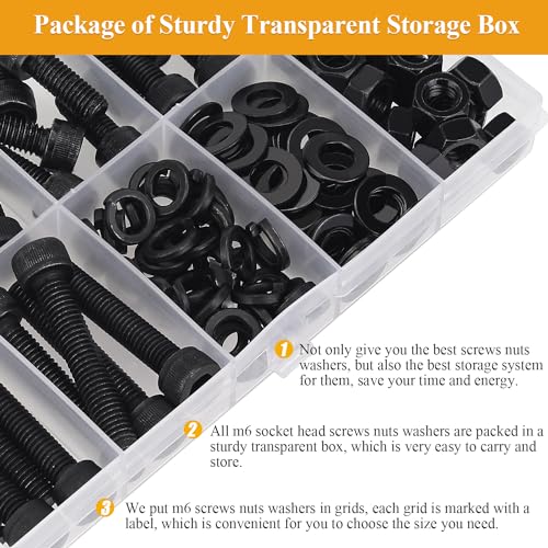 155 Pieces M6 Screws Nuts Washers Set Black, Sutemribor M6 x 8/10/12/16/20/25/30mm Hex Socket Head Cap Screws Nuts Washers Assortment Kit, 12.9 Grade Alloy Steel, Fully Threaded - size: M6 Screws Kit, style: Socket Head