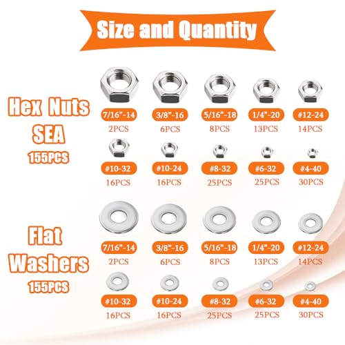 Dianrui 310PCS SAE Hex Nuts Assortment Kit with Flat Washers, 10 Size 304 Stainless Steel Hexnut Set Hardware Nuts #4-40,#6-32,#8-32,#10-24,#10-32,#12-24,1/4''-20,5/16''-18, 3/8''-16,1/2''-13 - size: 310PCS SAE Kit (#4-40—5/16''-18)
