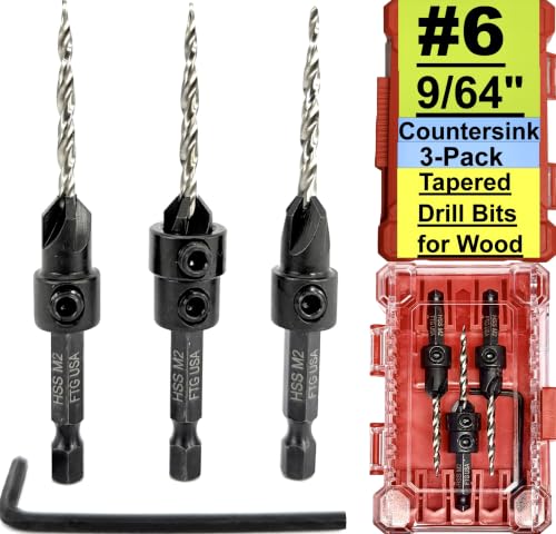 FTG USA 3-Pk #6 (9/64") Countersink Drill Bit Set, 1 Stop, 1 Wrench & Case - size: #6, style: 3 Pc with Depth Stop and Case