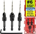 FTG USA 3-Pk #6 (9/64") Countersink Drill Bit Set, 1 Stop, 1 Wrench & Case - size: #6, style: 3 Pc with Depth Stop and Case