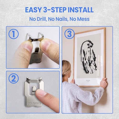 20 Pack Claw Drywall Picture Hangers - Heavy Duty No Drill Wall Hanging Hooks Supports 20LB, Hardened Steel Picture Hanging Kit for Drywall, Strong Wall Mount Hangers for Heavy Frames, Mirror, Art