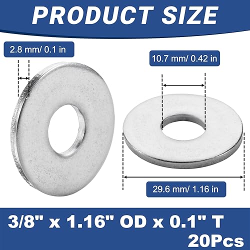 20 Pcs 3/8" Fender Washers Stainless,3/8" ID x1.16 OD x 0.1" Thick - size: 3/8" x 1.16"OD x 0.1"T