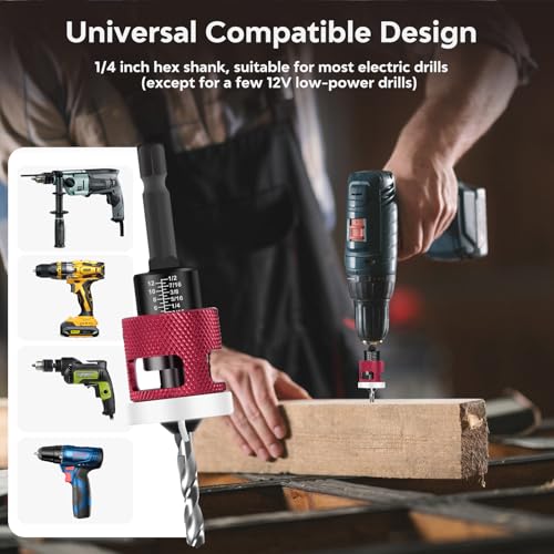 Countersink Drill Bit Set - 5 Pcs Countersink Drill Bit with Low Friction Depth Stop, Replaceable HSS M2 Tapered Bits, Carbide Drill Bits 1/4” Hex Shank for Woodworking Tools & Hand Tools - color: Red