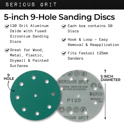 Serious Grit - 5-Inch 9-Hole P120 Grit Sanding Discs - 50 Pack Box - size: 120 Grit