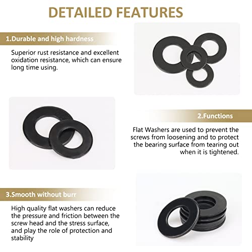 800 Pieces Black Zinc Plated Steel Flat Washers, Fender Washers, Kindroufly 7 Sizes Flat Washers, Lock Metal Washers Assortment Kit (M3 M4 M5 M6 M8 M10 M12)