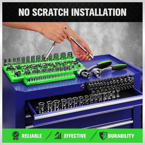 Magnetic Socket Organizer Holder Tool: 8PCS Set includes 2PCS 1/4", 4PCS 3/8", 2PCS 1/2" Drive Socket Storage Trays Toolboxs, Holding 199 Slots Soft Rubber Covering Black Green (sockets not included) - style: 8PCS Green/Black