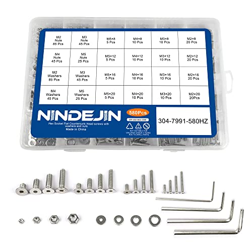 NINDEJIN 580 PCS M2 M3 M4 M5 Metric Hex Socket Button Head Screw Bolts Kit - size: 580 Hex Flat Head Socket Screws Nuts