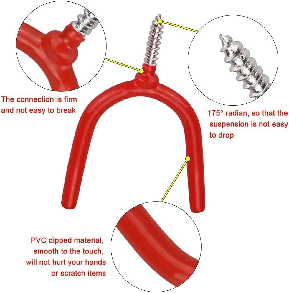 10 Pack Screw-in U Utility Hooks,Red Vinyl Coated Steel Wall Mount Hook - color: Y Red
