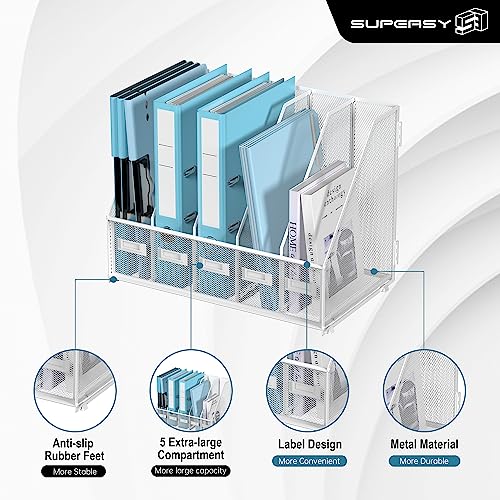 SUPEASY Desk Organizers Metal Desk Magazine File Holder with 5 Vertical Compartments Rack File Organizer for Office Desktop, Classroom, Home Workspace, White Plus - color: White, size: Large