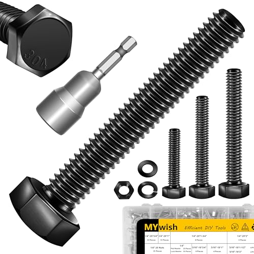Mywish 254Pcs Nuts and Bolts, 1/4 20 5/16 18 3/8 16 Bolt, Heavy Duty 304 Stainless Steel Bolts and Nuts Kit with Flat Spring Washers, Fully Threaded & Black Oxided, 10 Common Size - size: 254 Pcs Mixed Size Kit - Black