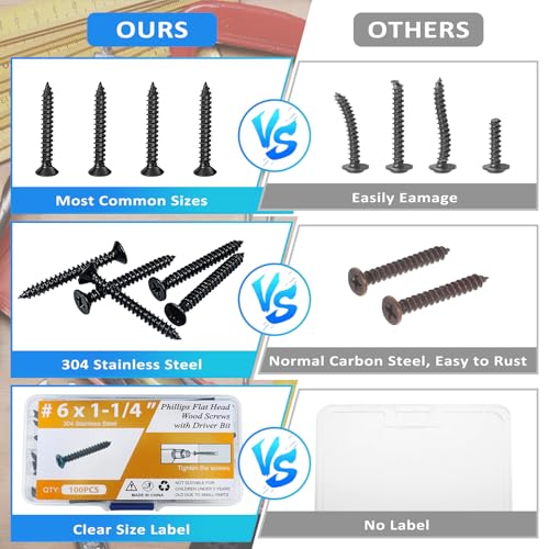 100PCS #6 x 1-1/4" Black Wood Screws, Flat Head Stainless Steel Sheet Metal Screws, Fast Self Tapping Screws for Deck Drywall Concrete Screws with Screwdriver Bit - style: Black #6X1-1/4" Flat Head 100PCS