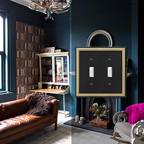 Pearled Frame Decorative Wall Plate Switch Plate Outlet Cover (Double Toggle, Black & Dark Golden) - style: Double Toggle