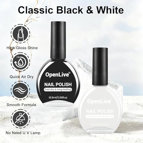 OpenLive 2Pcs Nail Polish Set 16.5ml Black and White Quick Dry Nail Polish Non Gel Nail Art DIY Home Manicure Gift for Women - color: Black and White