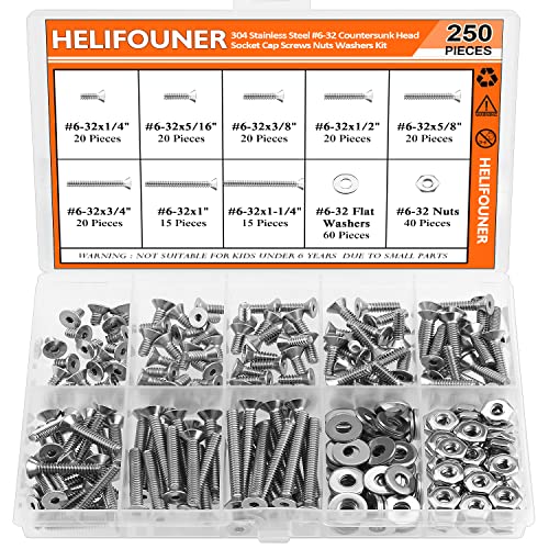 HELIFOUNER 250 Pieces #6-32 x 1/4" 5/16" 3/8" 1/2" 5/8" 3/4" 1" 1-1/4", Countersunk Head Socket Cap Screws Bolts Washers Nuts Kit, Coarse Thread, Fully Machine Threaded, 304 Stainless Steel - size: #6-32, style: Countersunk Head