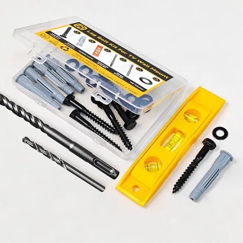 Mywish TV Mount Screws Kit, Lag Bolts for TV Wall Mount with 2X Drill Bits, M8x65 Lag Screws, 10x59 Wall Anchors, Washers, Bubble Level for Wood Stud Brick Concrete Drywall, TV Mounting Hardware Kit
