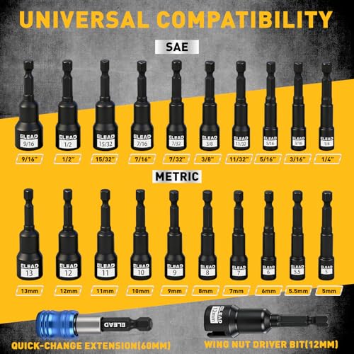 22-Piece Magnetic Nut Driver Set, Metric & SAE (5-13mm & 1/4"-9/16"), 65mm Long, 1/4" Hex Shank Drill Socket Set, Wing Nut-Driver Bit, Quick-change Extension, Magnetic Aluminum Storage Rail - style: Hex with Storage Rail